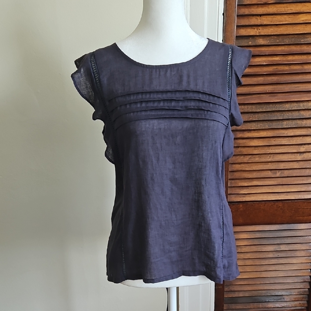 100% Cotton Navy Ruffle Sleeve Blouse from Korea XS-M Tie Back Twee Summer